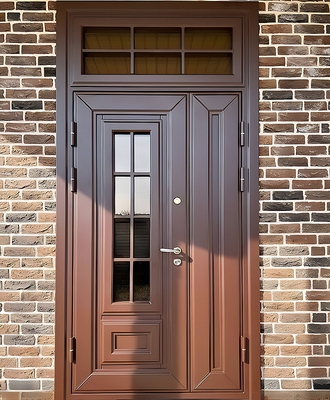 Коричневая уличная дверь с фрамугой Коричневая уличная дверь с фрамугой